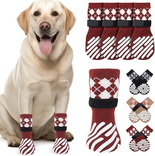 LOOBANI Dog Socks to Prevent Licking Paws - Dog Socks for Hardwood Floors Anti Slip for Traction Control - Dog Grippy Socks for Senior Dog Small Medium Large Dogs on Tile Floors, Red M