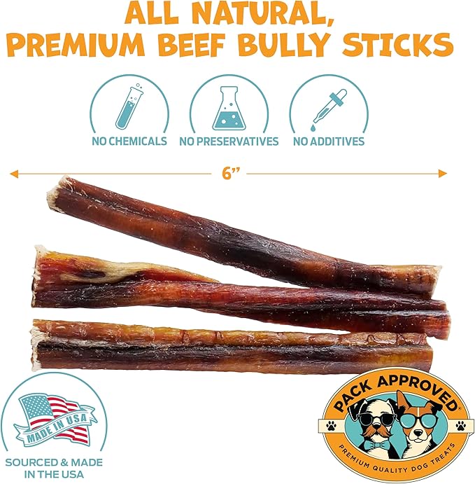Standard Beef Bully Sticks for Medium Dogs - Long Lasting Dog Chews for Aggressive Chewers - Dog Bully Sticks for Medium Dogs - 6” (12ct)