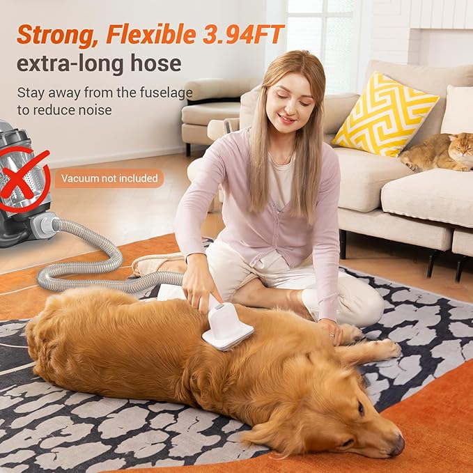 Afloia Dog Brush Vacuum Attachment - Pet Grooming Tool for Dogs & Cats (Vacuum Not Included), Compatible with 1-1.5" Round Port Vacuums (Dyson,Bissell,Eureka,Dirt Devil), with Extension Hose (White)
