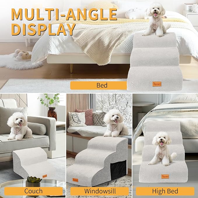 Topmart 3 Tiers Foam Dog Ramps/Steps,Non-Slip, Extra Wide Deep Dog Stairs,High Density Foam Pet Stairs/Ladder,Best for Older Cats,Small Pets,Ivory-White