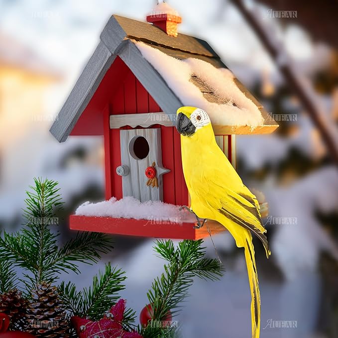 AUEAR, 17.7 Inch Yellow Lifelike Artificial Big Birds Feathered Fake Shoulder Parrot Decor Model for Decoration Craft