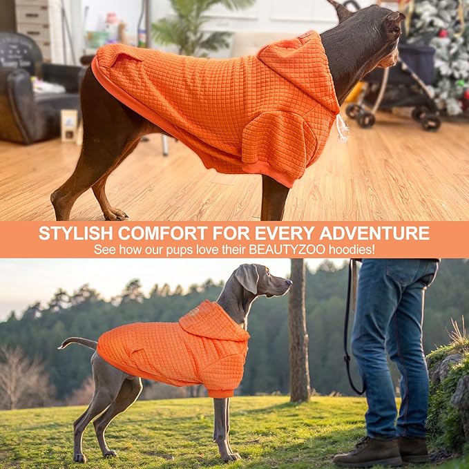 BEAUTYZOO Small Dog Hoodie Sweater with Pockets, Dog Clothes for Small Medium Dogs Boy Girl, Waffle-Like Laminated Cotton Pet Coats with Hat and Leash Hole, Orange S
