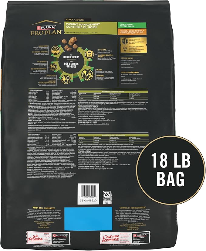 Purina Pro Plan Small Breed Weight Management Dry Dog Food, Shredded Blend Chicken and Rice Formula - 18 lb. Bag