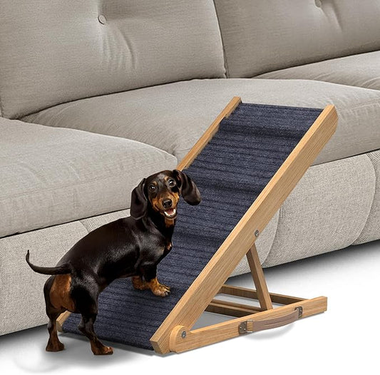 Adjustable Dog Ramp for Bed - Foldable Wooden Ramp for Dogs to Get on Bed, Couch, or Car - Ideal for Small and Medium Breeds (Natural Wood with Grey Carpet)