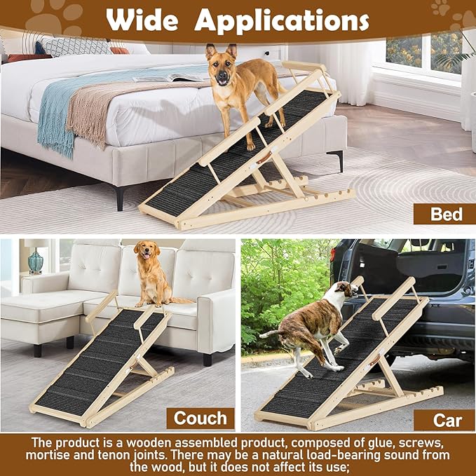 Dog Ramp for Couch, Bed or Car, Wooden 55" Long Pet Stairs for Small & Large Old Dogs & Cats, Hold up to 250lb, 6 Adjustable Height from 19.68" to 27.55" Portable Doggie Steps, Excellent Traction