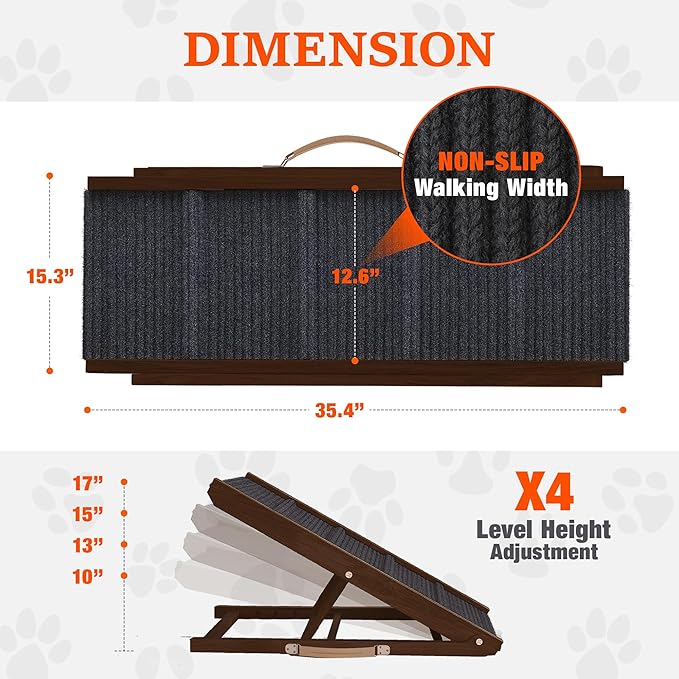 Adjustable Dog Ramp for Bed - Foldable Wooden Ramp for Dogs to Get on Bed, Couch, or Car - Ideal for Small and Medium Breeds (Walnut Wood with Grey Carpet)