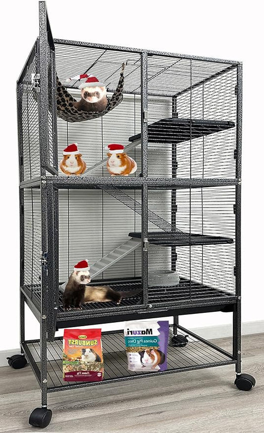 X-Large 31"x18.5"x53.5"H Deluxe Double Unit 4-Tiers Tight 1/2-Inch Bar Spacing Large Front Doors Water Bottle Food Bowl Feisty Ferret Hammock Squirrel Chinchilla Rat Small Animal Critter Rolling Cage