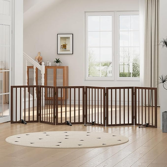 Dog Gates for Doorways, Freestanding Dog Gate Indoor, Foldable Pet Gates for Doorways Bedroom, Puppy Gate with Metal Support Feet, Room Divider 6 Panels (Dark Walnut)