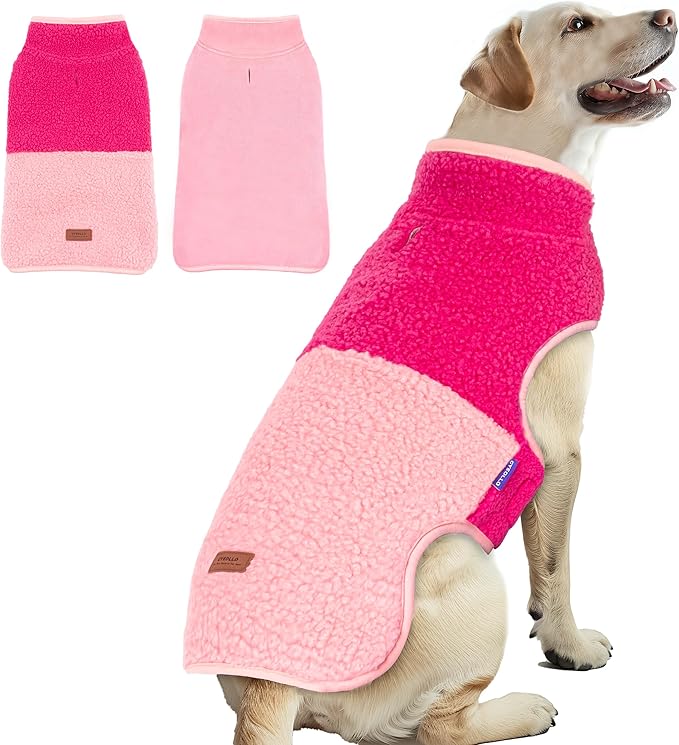 cyeollo Warm Dog Coat Sherpa Reversible Fleece Winter Dog Jackets Sweater Vest for Large Dogs Female, Soft Cold Weather Pet Clothes, Rose Red XXXL