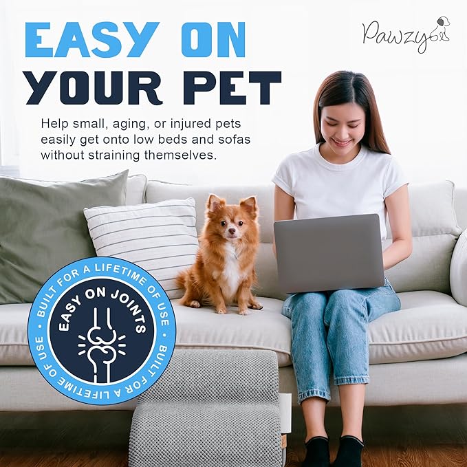 PAWZY Foam Pet Stairs for Bed, Couch or Window PREFIXED Cover - Wide Steps for Bed, Waterproof, Non-Slip Base - 3-Tier Ramp Dog Stairs for Small Dogs, Puppies, Cats - Dog Stairs & Steps (Grey)