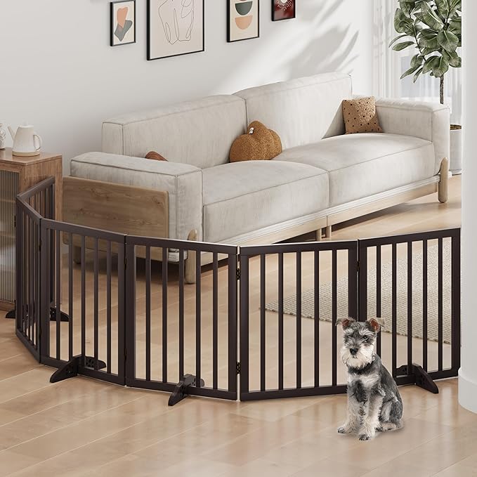 Brown Freestanding Foldable Pet Gate - 6 Panels, Metal Support Feet, Room Divider for Doorways & Bedroom