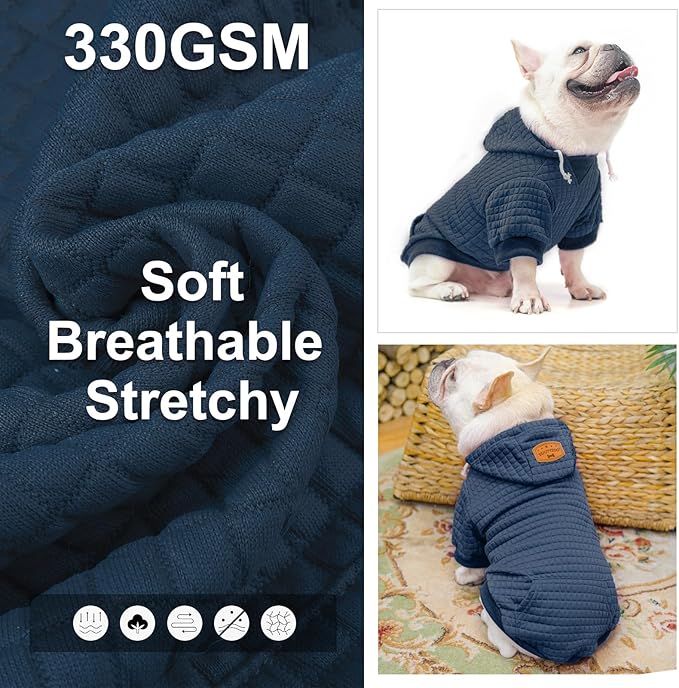 BEAUTYZOO Small Dog Hoodie Sweater with Pockets, Dog Clothes for Small Medium Dogs Boy Girl, Waffle-Like Laminated Cotton Pet Coats with Hat and Leash Hole, Navy Blue XS