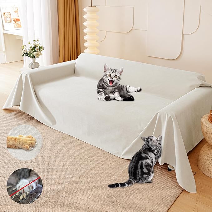Cat Scratch Furniture Protector - Anti-Slip, Waterproof Sofa Cover to Keep Cats Off, Pet-Friendly Couch Protectors for 3 Cushion Couch, Beige Anti-Scratch Couch Cover for Pets and Kids 134"X71"