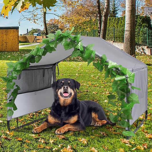 4'x 4'x 3.3' Extra Large Dog House Outside, Pet Tent Outdoor Dog Shade Shelter for Large Medium Dogs, Outside Sun Rain Canopy Pet House for Cats Pigs Livestock w/Artificial Leaves