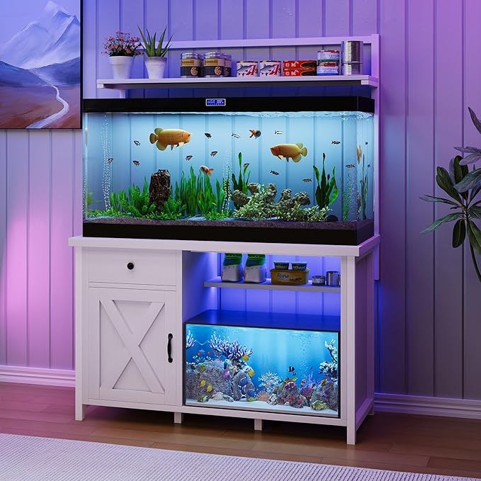 4ever2buy 55-75 Gallon Fish Tank Stand with Power Outlet, Led Light, Heavy Duty Aquarium Stand with Cabinet for Fish Tank Accessories Storage, Shelf, for Turtle Tank, Reptile Terrarium, 1100LBS, White