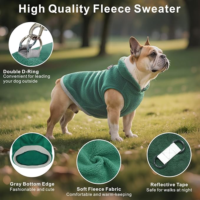 Idepet 2 Pack Dog Fleece Vest Sweater Warm Pullover Jacket with D-Ring Leash Reflective Winter Coat Hoodie for Small Medium Dogs Puppy Cat Pet Clothes (Dark Green&Grass Green, Small)