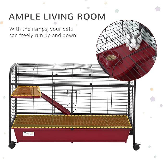 PawHut 41" L Small Animal Cage Rabbit Hutch Ferret Pet Play House with Feeder, Rolling Wheels, Platform, Ramp