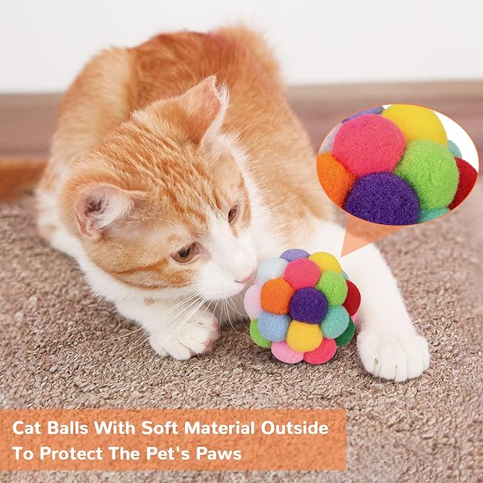 Retro Shaw Cat Toys Balls, 6Pcs Yarn Cat Ball with Bell Inside, Interactive Kitten Toys for Indoor Cats Kitty Chew Playing, Colorful Soft Fuzzy Jingle Kitten Ball with String