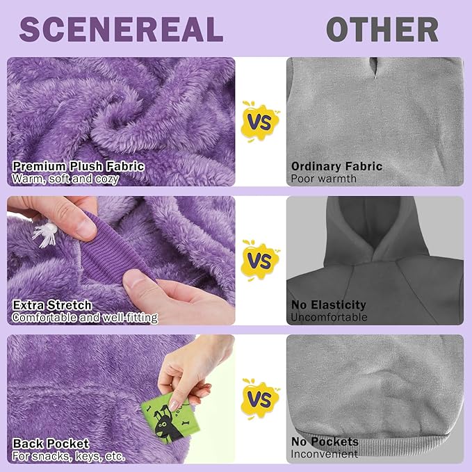 SCENEREAL Fleece Sweater Hoodie for Small Medium Large Dogs, Fuzzy Warm Sweatshirt With Pocket, Girl Boy Clothes for Winter/Fall, Designer Cute Male/Female Apparel With Leash Hole