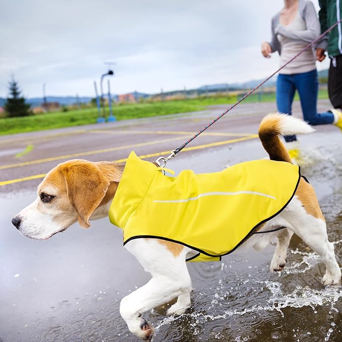 Mile High Life Dog Raincoat, Adjustable Waterproof Reflective Rain Jacket for Small Medium Large Dogs, Lightweight Breathable Pet Rain Coat with Leash Hole(Yellow,L Chest 32-40")