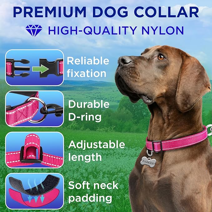 TECEUM Reflective Dog Collar – Hot Pink – XS – Extra Soft Padding – Basic Nylon Pet Collar – Quick Release Buckle – Fits Small, Medium and Large Dogs, Puppies, Cats – ESA & Service Dog Options
