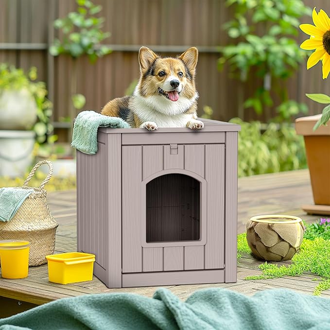 ROJIK Dog House Outdoor Waterproof,Resin Puppy Shelter Indoor with Flip Lid and Elevated Floor,Cat Duck Chicken Shelter, Portable and Easy Assembly(Grey)