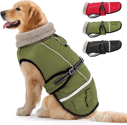 Dog Coat, Dog Winter Coat Jacket Waterproof for XL Large Dogs, Pet Vest Warm Fleece Cozy for Cold Weather, with Harness Built in Reflective, Dogs Snowsuit Windproof, Adjustable Buckle
