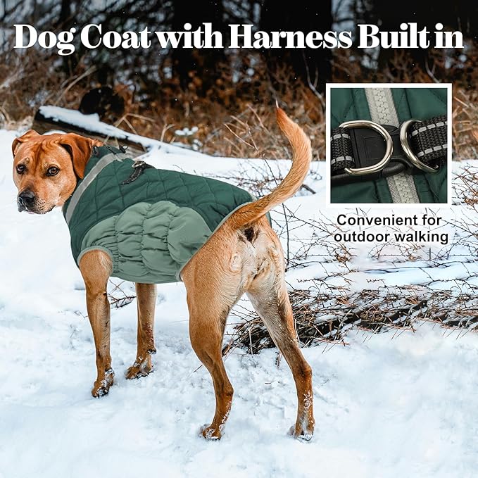 Lelepet Dog Coat Warm Dog Winter Coat Waterproof Dogs Jacket with Harness Built in Reflective Pet Fleece Vest Zip-Up Cold Weather Coats for Large Dogs Turtleneck & Windproof Coats Boxer Teal Green XL