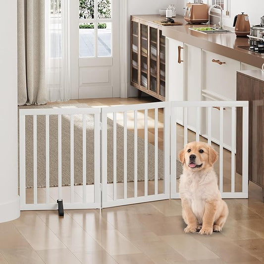 Dog Gate, Bamboo Freestanding Dog Gates for Doorways, Foldable Dog Gate Indoor, Pet Gates for Doorways Bedroom, Puppy Gate with Metal Support Feet, Room Divider 3 Panels (White)