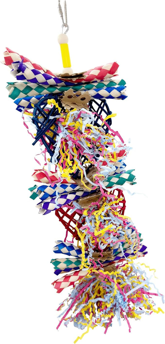 1042 Duo Willow Heart Shredder Bird Toy – Willow, Crinkle Paper & Finger Traps for Shredding & Foraging – Handcrafted by Us – Great for Conures, Greys & Medium to Large Size Birds