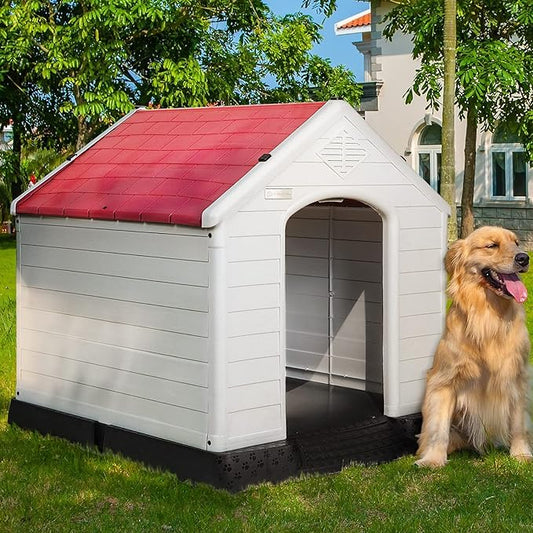 PUKAMI Plastic Dog House Outdoor Indoor,Durable Dog House for Small Medium Large Dogs,Waterproof Dog Houses with Elevated Floor and Air Vents,Ventilate & Easy Clean and Assemble(Red, 42inch)