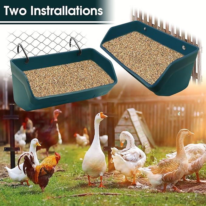 Fence Hanging Chicken Feeder - 4 Pack Feed Trough with Clips for Goat Duck Sheeple Horse Goose, Pig Poultry, Chicken Feeder Bucket Feeding Container for Livestock (Green)