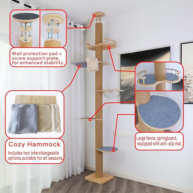 Floor to Ceiling Cat Tree Height (50-120 in) Adjustable Cat Tower 5 Tier Hemp Scratching Post High Cat Tree Sturdy Activity Tree Indoor Outdoor Cat Scratching Post Activity Center