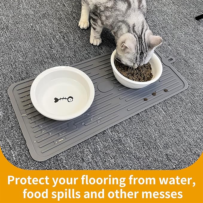 Ptlom Pet Placemat for Dog and Cat, Mat for Prevent Food and Water Overflow, Suitable for Medium and Small Pet, Grey, Silicone