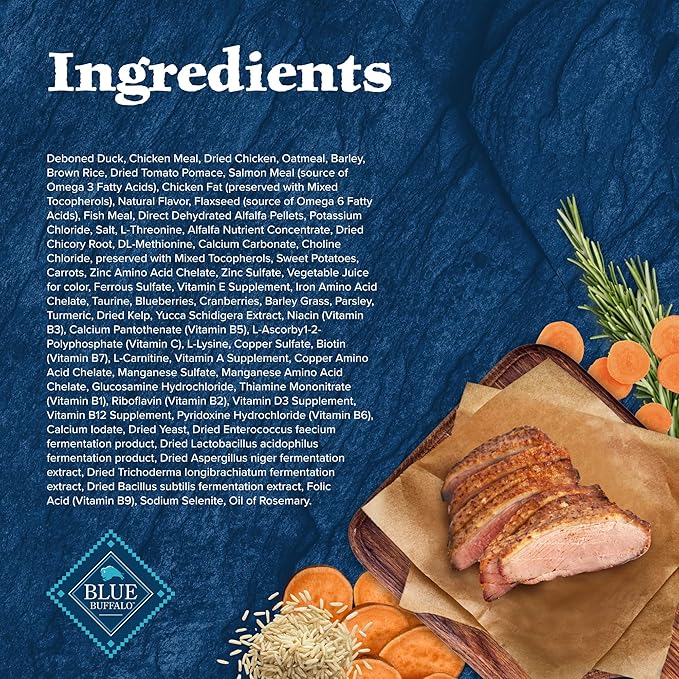 Blue Buffalo Wilderness Natural High-Protein Dry Food for Adult Dogs, WITH WHOLESOME GRAINS, Duck, 24-lb Bag.