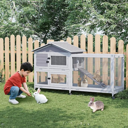 Rabbit Hutch with Ramp & Waterproof Roof, Bunny Cage for Indoor/Outdoor, 2-Story Design, Rabbit Cage with 6 Lockable Caster Wheels & Three Pull-Out Trays (Grey)