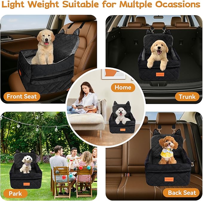 Dog Car Seat for Small/Medium Dogs Up to 35lbs,Elevated Cushion Fits in Front/Back Seat,Travel Safety Per Car Bed with Washable Removable Cover, Storage 2 Pockets Black