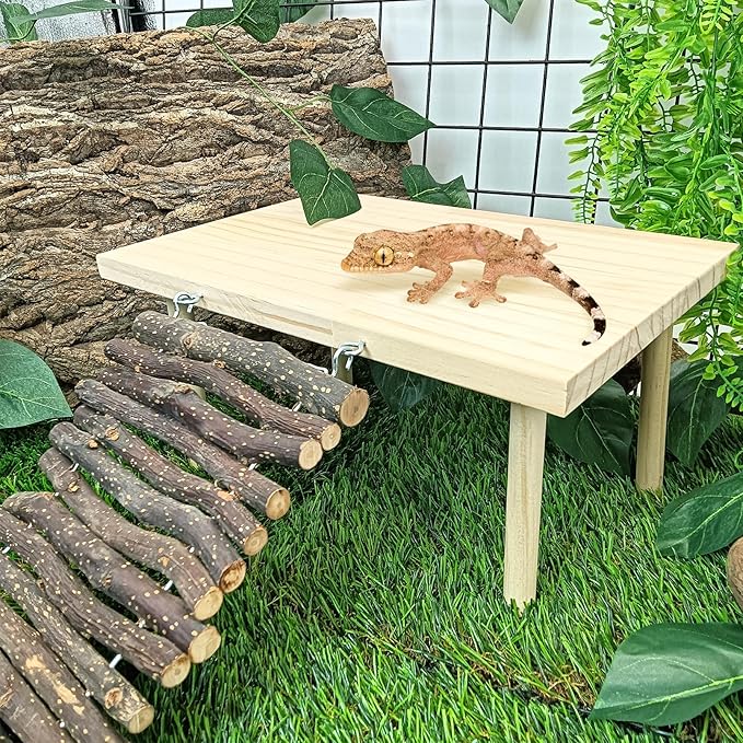 BNOSDM Wooden Basking Platform with Climbing Ramp Reptiles Hideout Bearded Dragon Hide Cave Reptile Tank Accessories Suit for Tortoise, Lizard, Toad, Gecko (Rectangle)