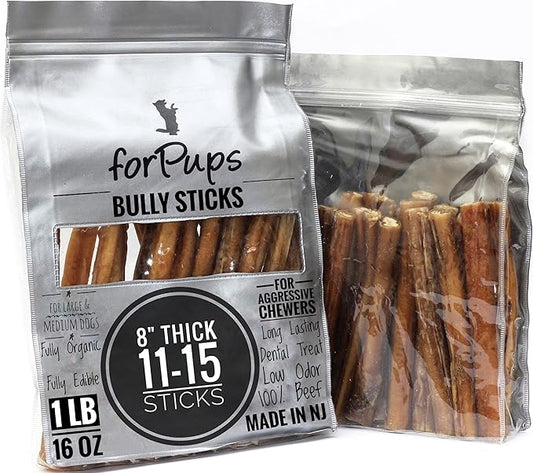 Thick 8" Bully Sticks (1 Pound) for Large & Medium Dogs, for Aggressive Chewers, Natural & Fully Organic, 100% Beef Pizzle Dog Chew, Fully Digestible Dental Treats (8 inch, 1 lb / 16 oz)