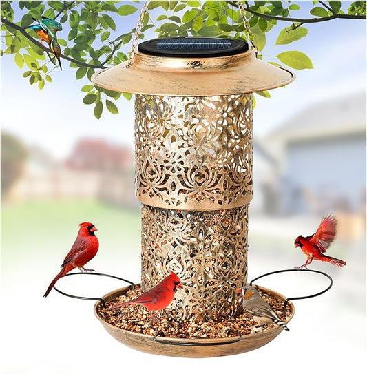 XDW-GIFTS Bird Feeder for Outdoors Solar Hanging Bird Feeder Bird House with Cardinal Feeder Large Capacity Metal Wild Bird Feeder for Garden Decor Unique Gifts & Patio Decor (Bronze, 10.5 INCH)