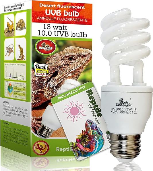 UVA UVB Light Reptile Bulb 10.0 13W Desert Compact Fluorescent Terrarium Lamp for Bearded Dragon, Turtle, Snake, Gecko, Lizard With UV Tester Card