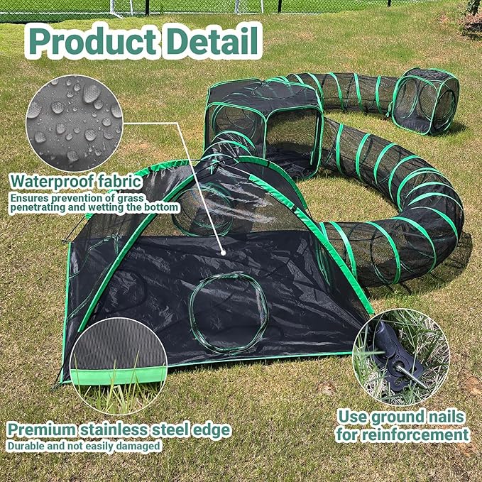 6-in-1 Catio Outdoor Cat Enclosure, Enclosed Cat Playpen Include 3 Tents & 3 Tunnels, Portable Tent for Kitty and Small Animal Within Storage Bag, Support Expansion