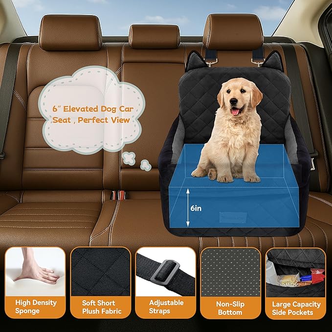 Dog Car Seat for Small/Medium Dogs Up to 35lbs,Elevated Cushion Fits in Front/Back Seat,Travel Safety Per Car Bed with Washable Removable Cover, Storage 2 Pockets Black