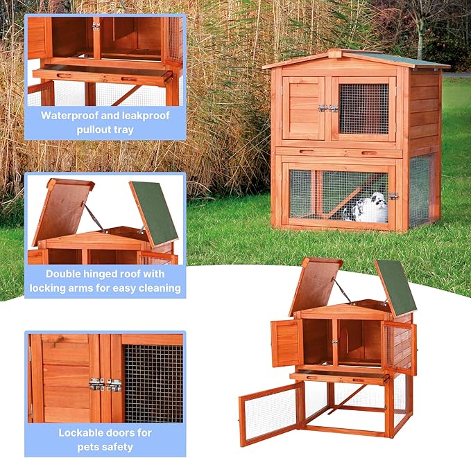 TRIXIE natura Outdoor Rabbit Hutch with Run - Small 2-Story Rabbit Cage with Non-Slip Ramp - Elevated Small Animal House with Secure Playpen, Hinged Roof & Pull-Out Tray - in Natural