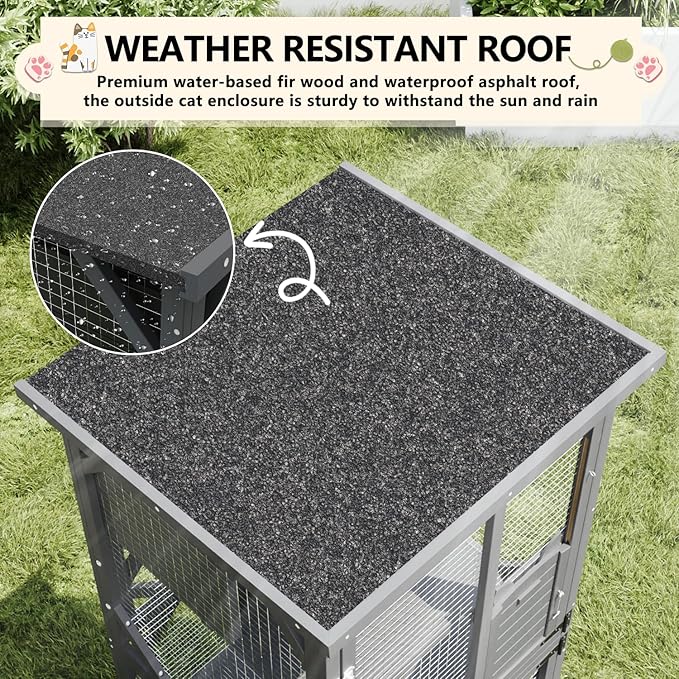 LEMBERI 71" Cat House Outdoor Catio Cat Enclosures on Wheels, Large Outside Patio Wooden Cat Cage Resting Box,Scratching Post, Waterproof Roof (Gray)