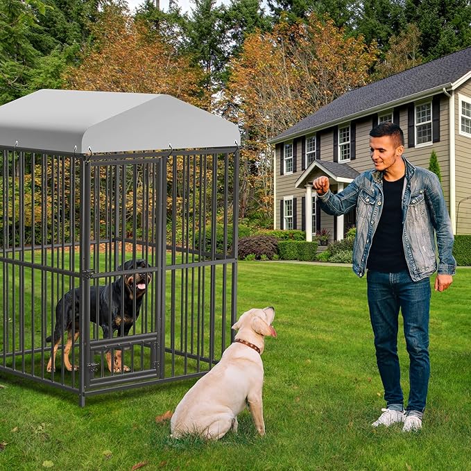 4x4x6 FT Outdoor Dog Kennel, Heavy-Duty Outdoor Enclosures with Lock, UV-Resistant Waterproof Roof Cover & Swivel Stainless Steel Feeding Bowl,for Medium & Large Dogs,Easy Assembly