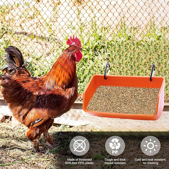 Fence Hanging Chicken Feeder - 4 Pack Feed Trough with Clips for Goat Duck Sheeple Horse Goose, Pig Poultry, Chicken Feeder Bucket Feeding Container for Livestock (Orange)