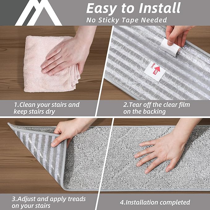 COSY HOMEER Edging Stair Treads Non-Slip Carpet Mat 28inX9in Indoor Stair Runners for Wooden Steps, Edging Stair Rugs for Kids and Dogs, 100% Polyester TPE Backing (10pc, Grey)