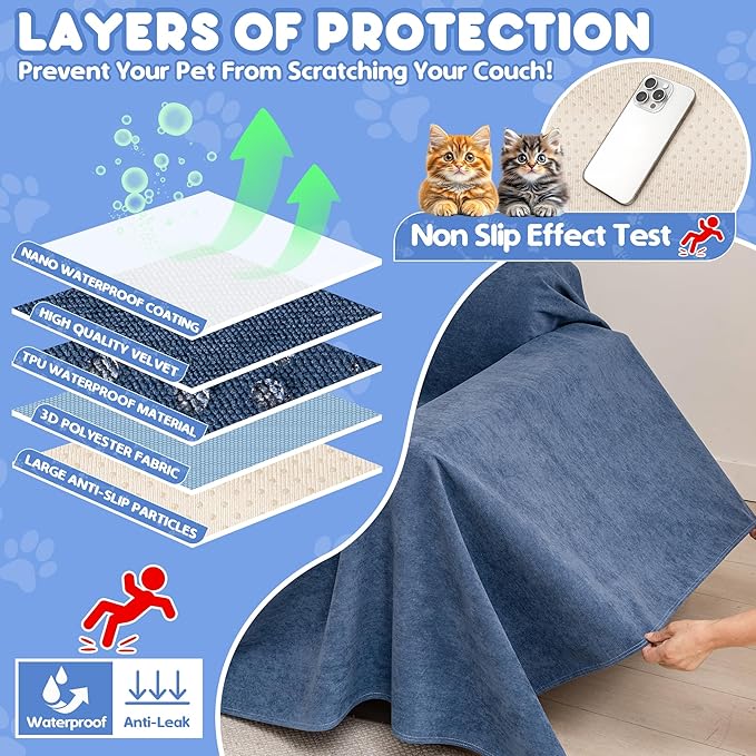 Cat Scratch Furniture Protector - Anti-Slip, Waterproof Sofa Cover to Keep Cats Off, Pet-Friendly Couch Protectors for 3 Cushion Couch, Anti-Scratch Couch Cover for Pets and Kids 150"X71"Navy Blue