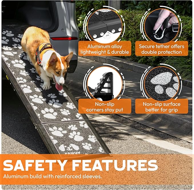 Dog Ramp for Car – Portable Folding Aluminum Pet Ramp with Non-Slip Paw Print Surface – Extra Wide Portable Ramp for Large, Small & Senior Dogs to Get in Cars, SUVs, Trucks & Beds- 71" Long & 17" Wide